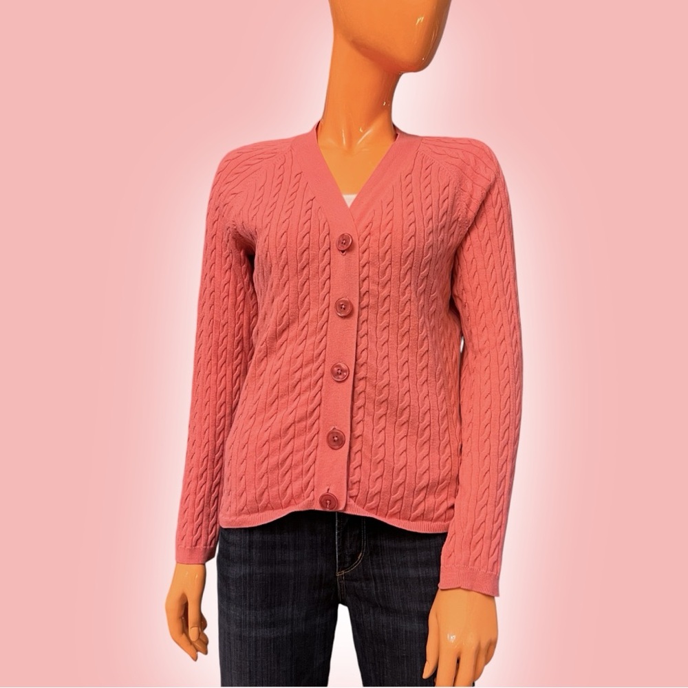 TALBOTS Bubblegum Pink Cotton Cable Knit Cardigan Petite